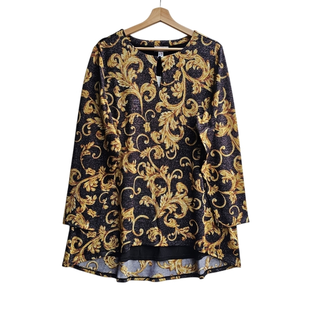 Susan Graver Gold and Black Metallic Scroll Print Tunic Top 1X